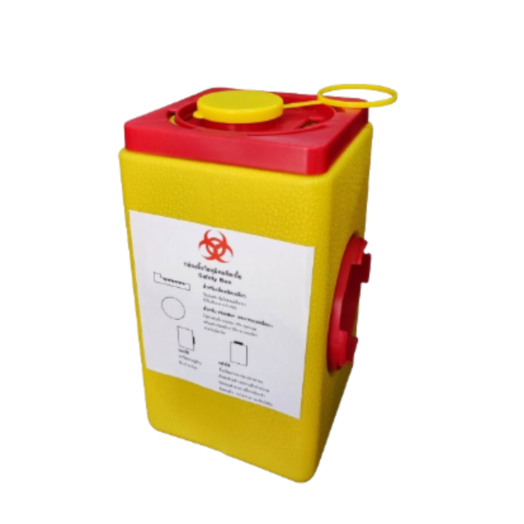 กล่องทิ้งเข็มพลาสติก ขนาด 3.5 ลิตร ขนาด 5x5x9.5” ทรงสี่เหลี่ยม สีเหลือง